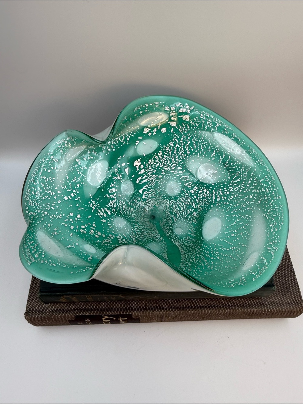 Vintage Murano Green and White Cased Glass Bowl with Silver Mica Specks